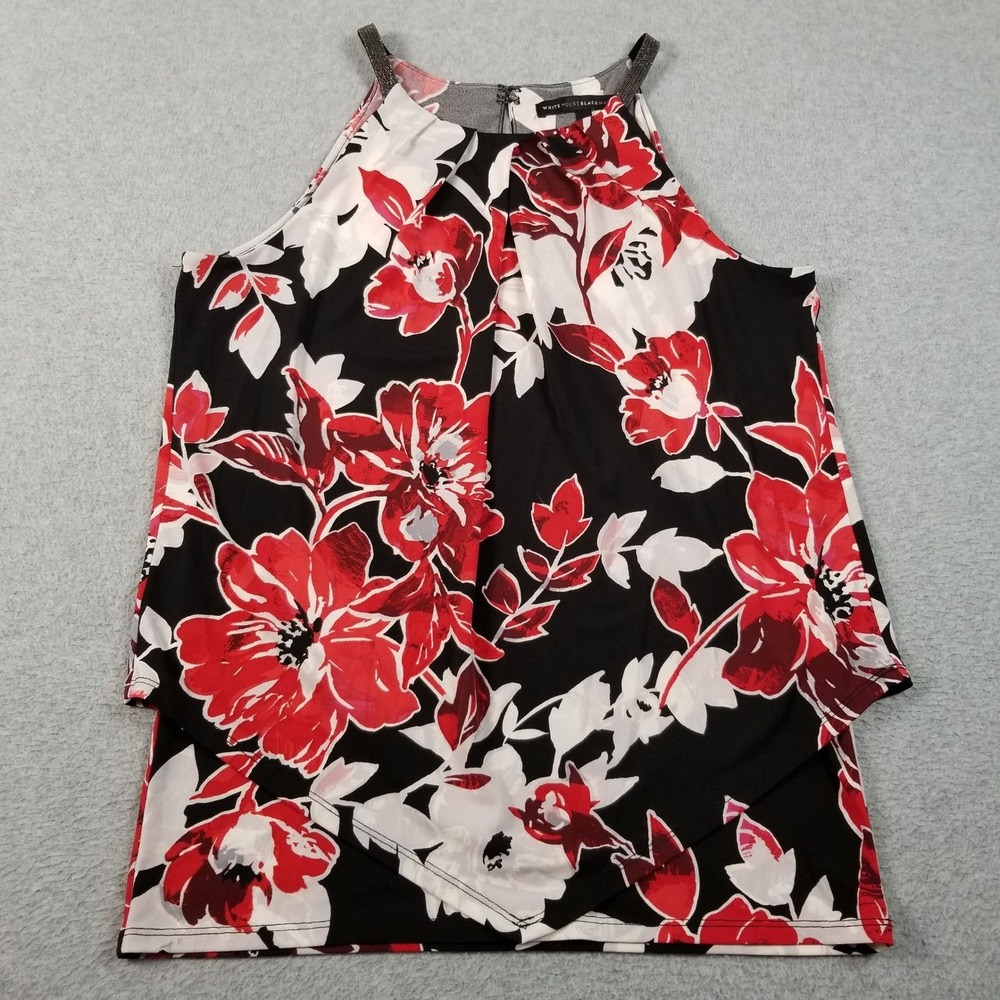 White House Black Market Halter Top Womens Small S Black Red Floral Beaded Strap